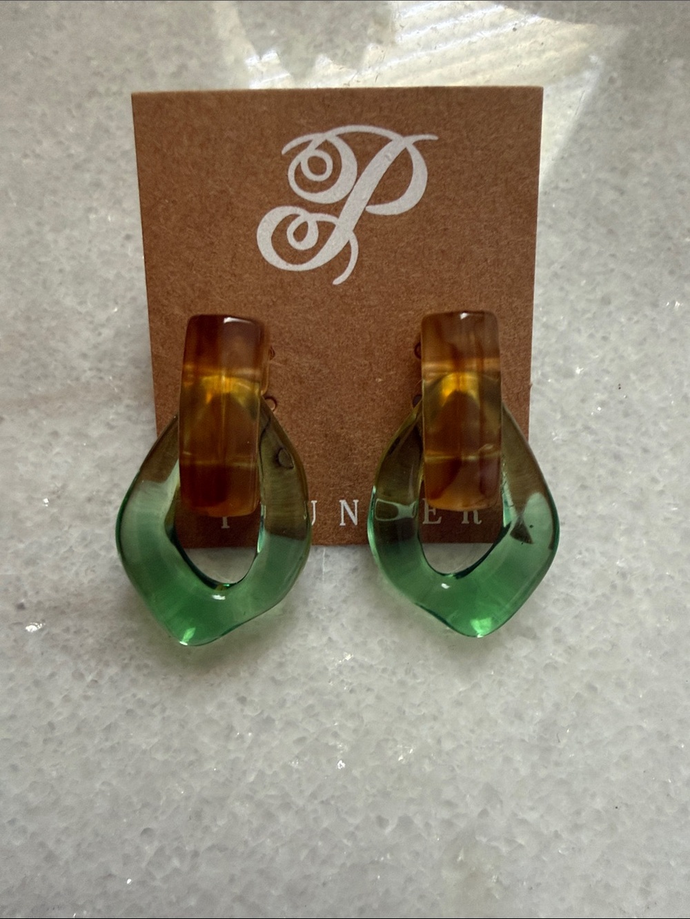 Plunder Green and Amber Resin Drop Earrings New